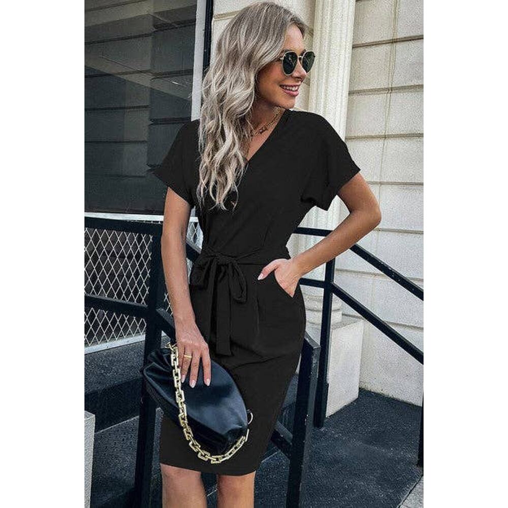 Solid Button Detail Cuffed Pocket Short Dress - Picture 4 of 9